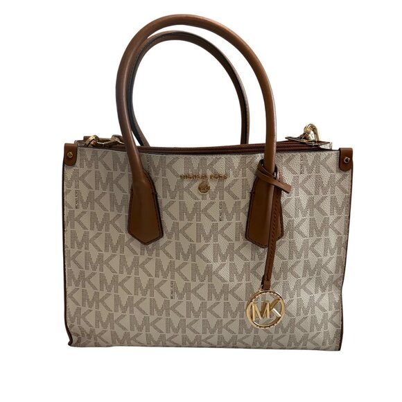 Michael Kors Logo Cream & Brown Canvas & Leather Tote Bag With Detachable Strap - Picture 1 of 16